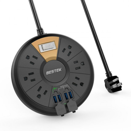 BESTEK 6-Outlet Power Strip Circular Surge Protector with 4 USB Ports Black